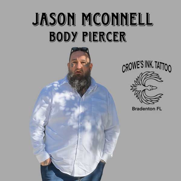 A fully certified and experienced body piercing professional working at Crowes Ink Tattoo Studio in Bradenton